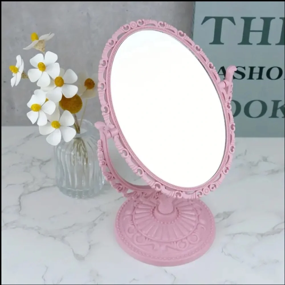 (NIB) Vintage Inspired Oval Tabletop Makeup Mirror Pink